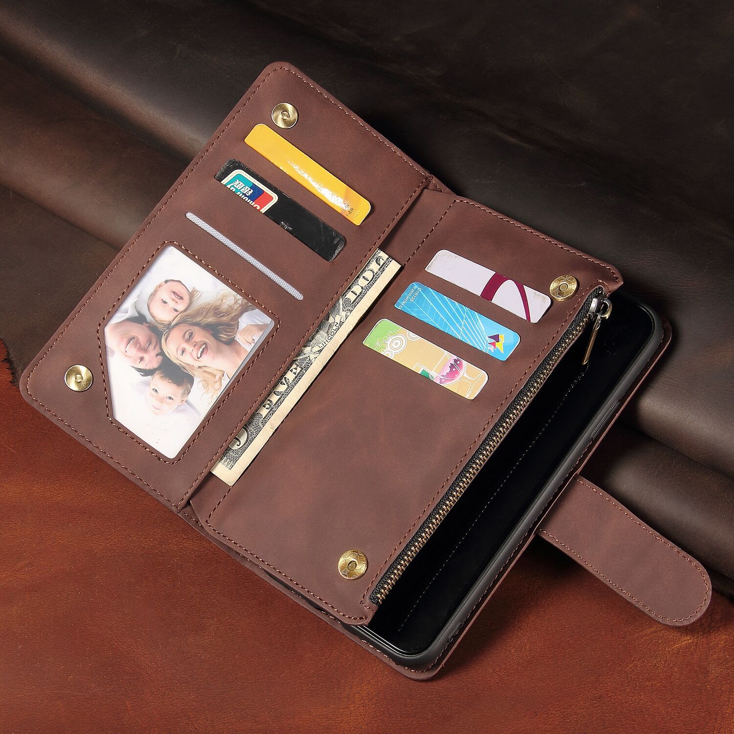 For iPhone14 Skin-feeling Mobile Phone Leather Case Apple 16pro Multi Card Zipper Case XR Wallets Case