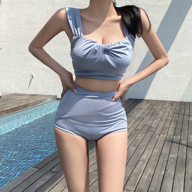 Export wholesale wholesale foreign trade cross-border 2020 new hot spring Korea high waist belly solid color split swimsuit women