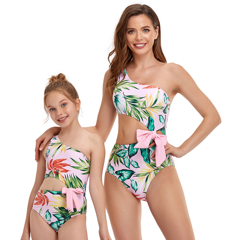 Plain new swimsuit hi fish parent-child one-piece swimsuit oblique shoulder exposed waist sexy spot wholesale