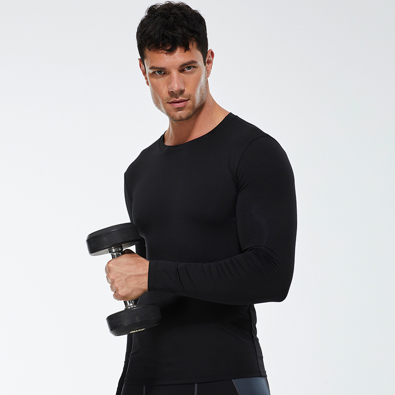 Solid Color Men's PRO Fitness Sports Running Tight T-Shirt Elastic Sweat-wicking Quick-drying Long-sleeved Shirt Clothes 4002