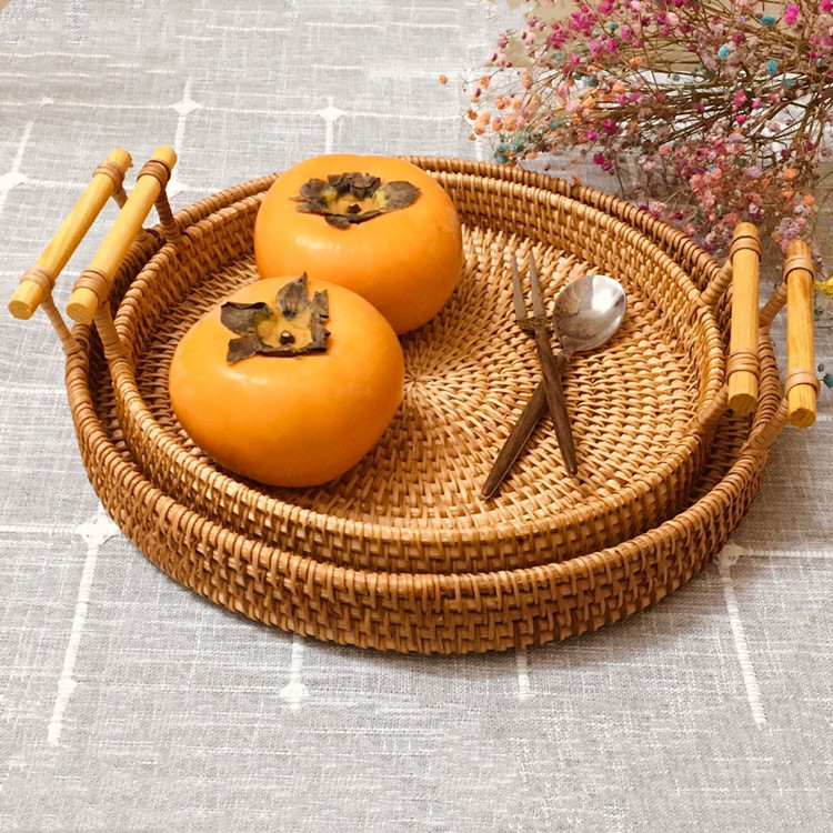 Vietnam Rattan Bread Storage Basket Woven Storage Basket Dim Sum Fruit Basket Round Tray Picnic Basket Rattan Storage Basket