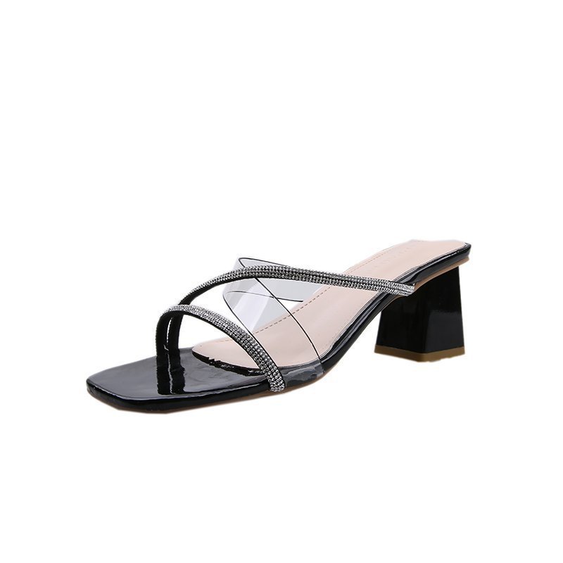 Summer New Women's Thick Heel Slippers Korean Style Simple Fashionable Transparent Sandals and Slippers Outer Wear Square Head Half Slippers