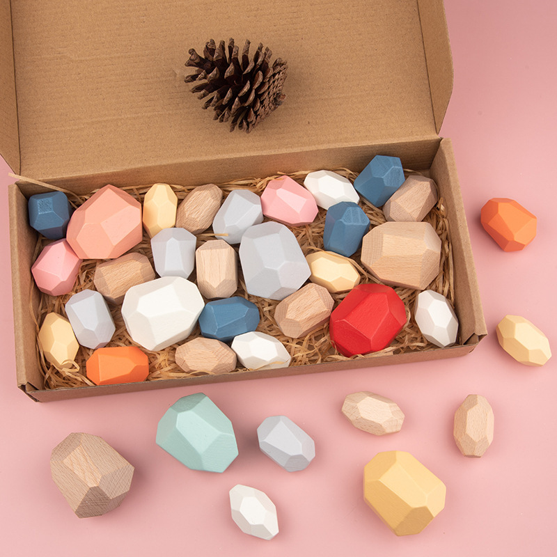 Cross-border Children's Wooden Stones Colored Stone Montessori Balance Cognitive Stacks Early Education Educational Building Blocks Toys