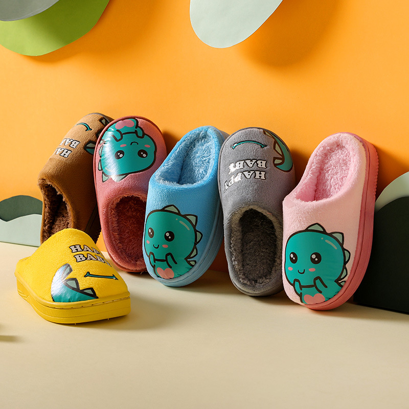 Autumn and winter parent-child children's cotton shoes for women's indoor home cartoon cute non-slip thick-soled little dinosaur woolen cotton slippers