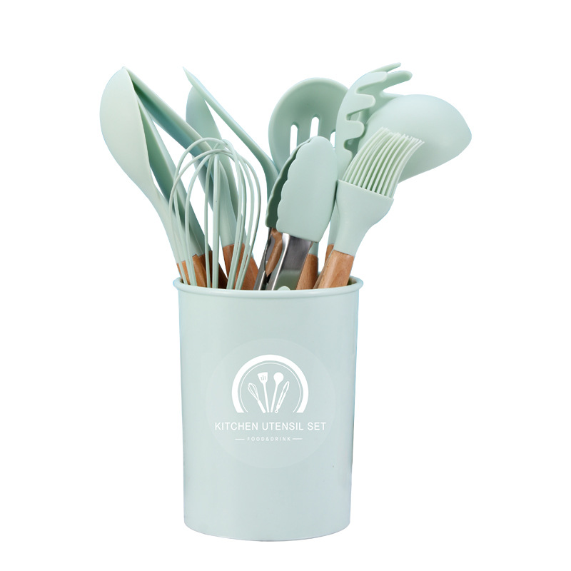 Color Wooden Handle Silicone Kitchenware 11 Piece Set Non-stick Cooking Spoon Shovel Storage Barrel Kitchen Utensils 12 Piece Set