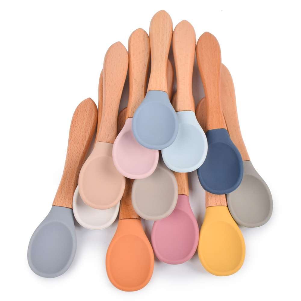 Direct selling baby Bowl Spoon silicone tableware children's wooden handle silicone spoon children's suction dish bowl baby silicone bowl