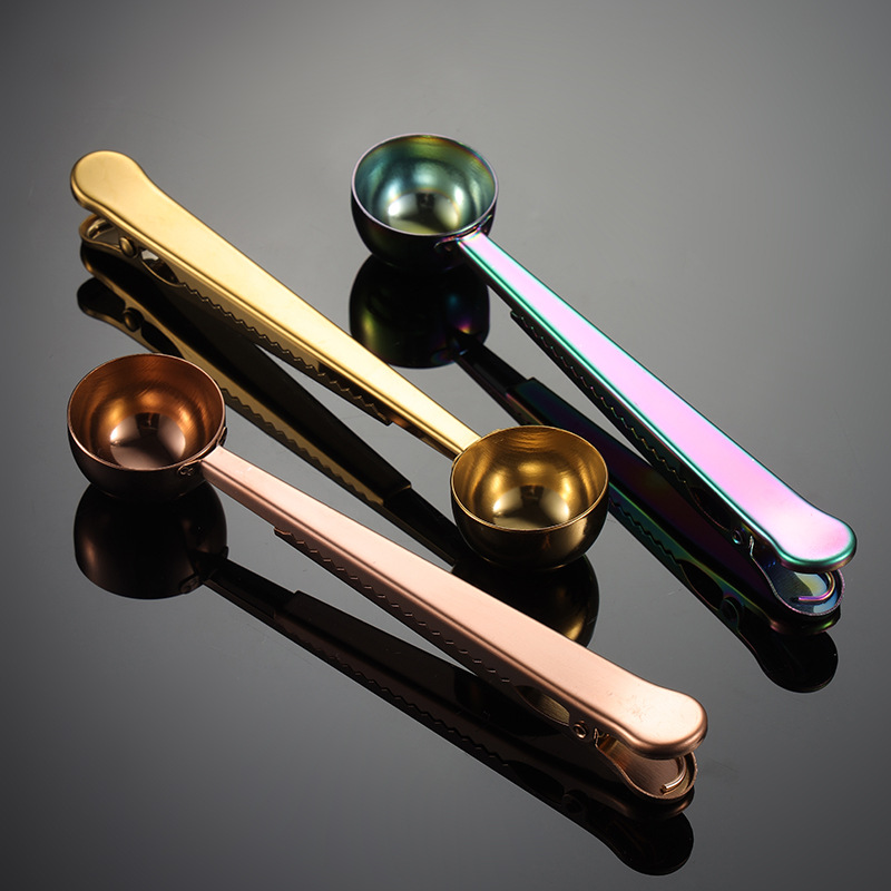 En 430 stainless steel coffee spoon clip multi-purpose bag sealing clip PVD titanium plated rose gold black cross border