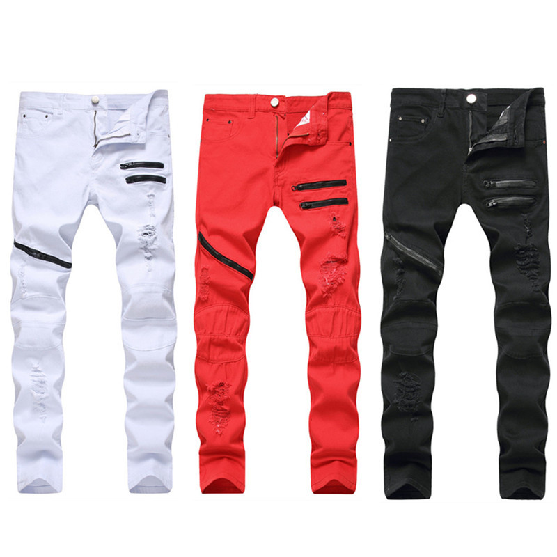 2020 Foreign Trade European and American New Men's Zipper Casual Jeans Three-color Ripped Zipper Slim-fit Straight Men's Pants