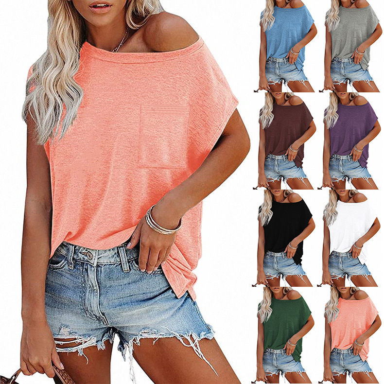  cross-border European and American clothing summer new foreign trade solid color pocket off-shoulder round neck short-sleeved top T-shirt for women