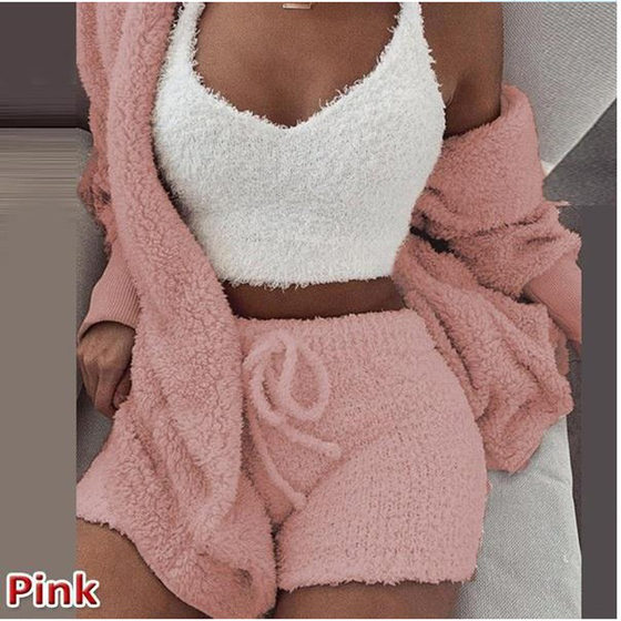 Cross-border Women's European and American Winter Plush Home Clothes Casual 3-piece Pajamas Long-sleeved Shorts Sports Suit for Women