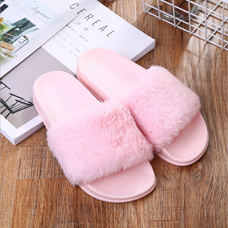 2024 new fashion casual autumn and winter plush ladies solid color home one-word flat fluffy slippers wholesale