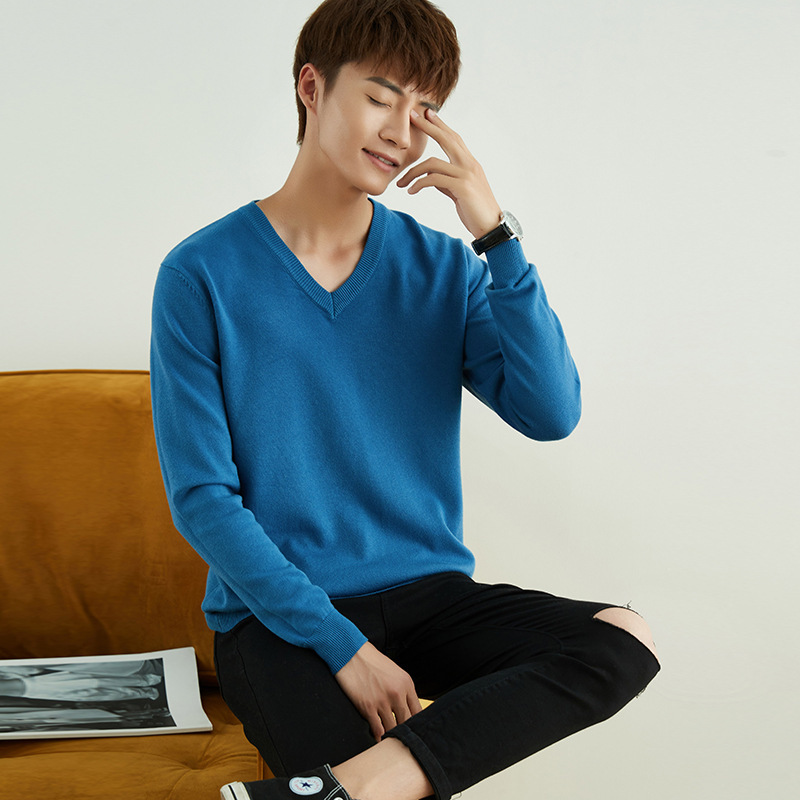Autumn and Winter Clothing Men's Crewneck Sweater Pullover V-Neck Loose plus size Long-Sleeved Knitted Base Shirt Thickened Inner Top