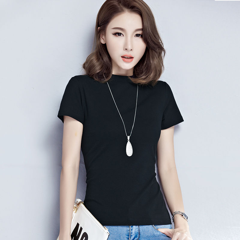 Solid Color Half-high Neck Slim-fit Short-sleeved T-shirt Women's All-match Summer Large Size Simple Black Base Shirt Women's Top Trendy