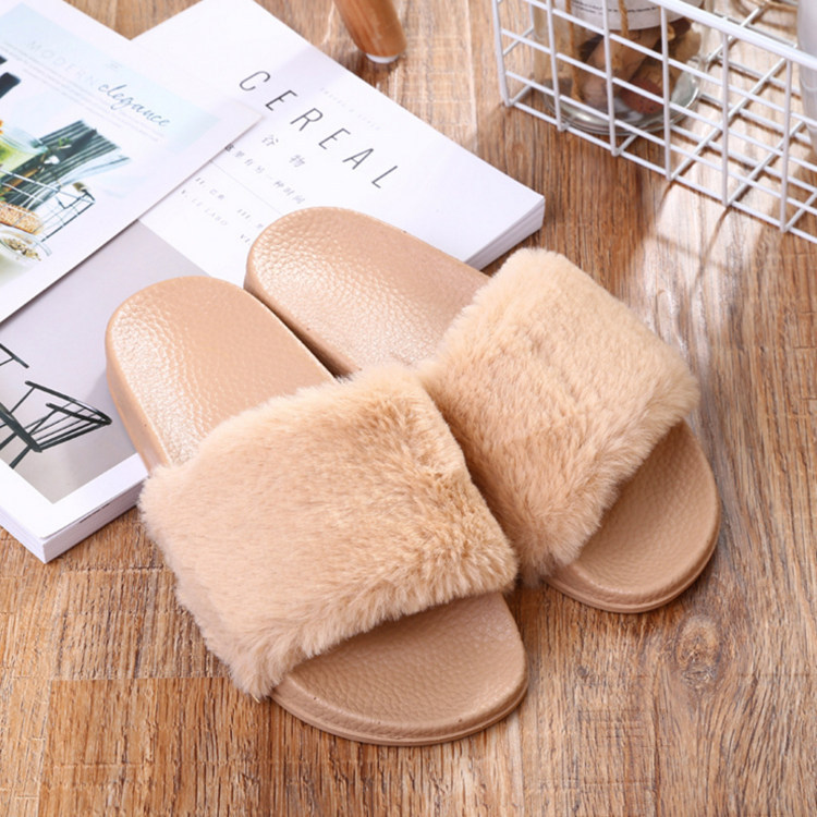 2024 new fashion casual autumn and winter plush ladies solid color home one-word flat fluffy slippers wholesale