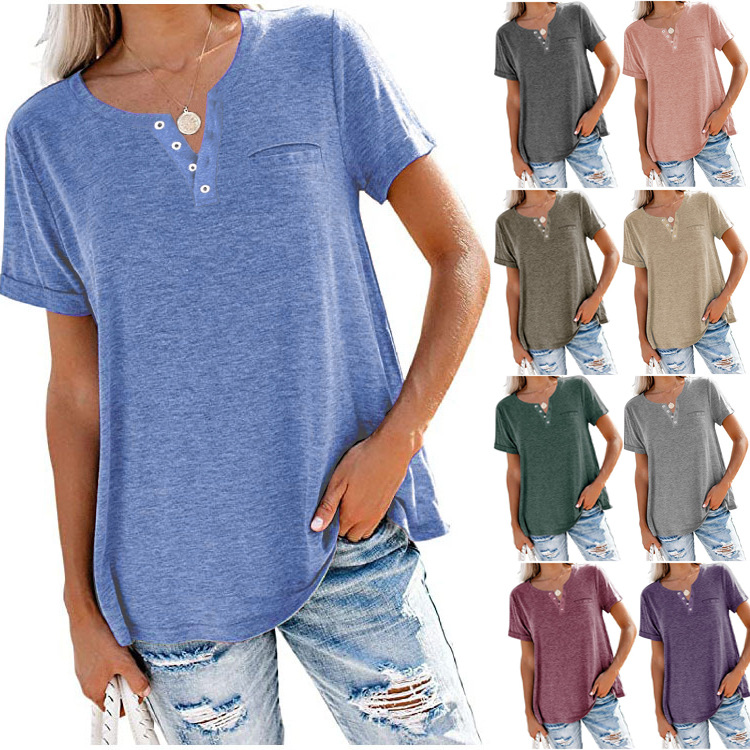 Amazon Independent Station Foreign Trade Europe and the United States Cross-border Spring and Summer New Top V-neck Short Sleeve Pocket Loose T-shirt Women