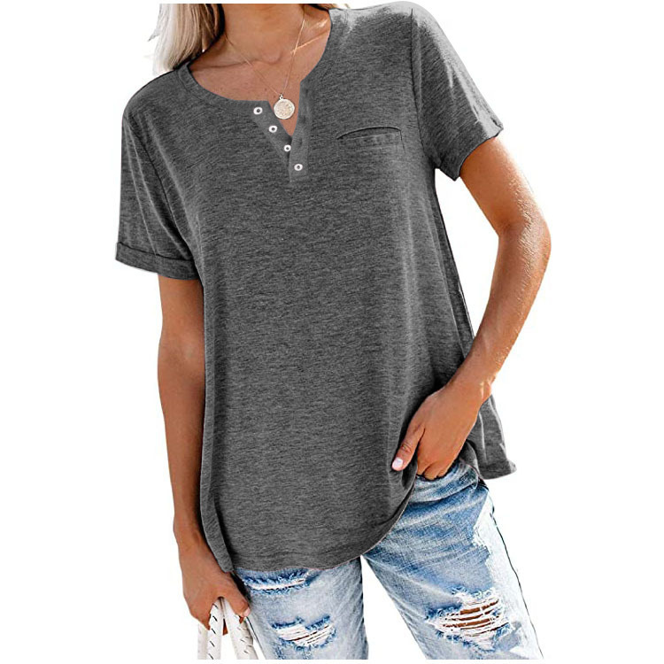 2021 Amazon Independent Station Cross-border Best Selling European and American Spring and Summer New Top V-Neck Short Sleeve Pocket Loose T-Shirt for Women