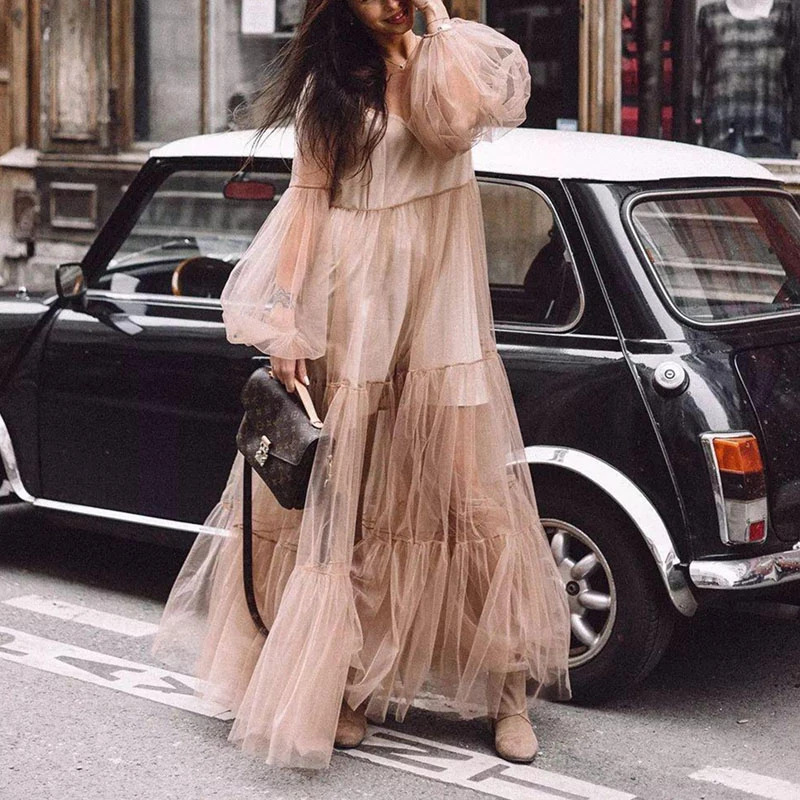 2024 Cross-border Summer New European and American Women's Clothing Amazon V-neck Fashion Puff Sleeve Mesh Perspective Dress Long Dress