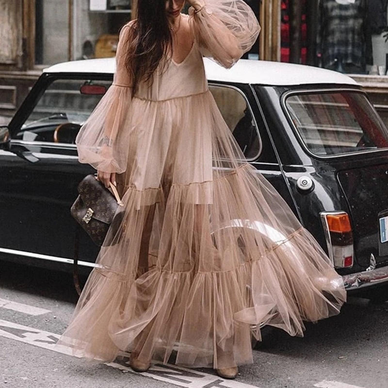 2024 Cross-border Summer New European and American Women's Clothing Amazon V-neck Fashion Puff Sleeve Mesh Perspective Dress Long Dress