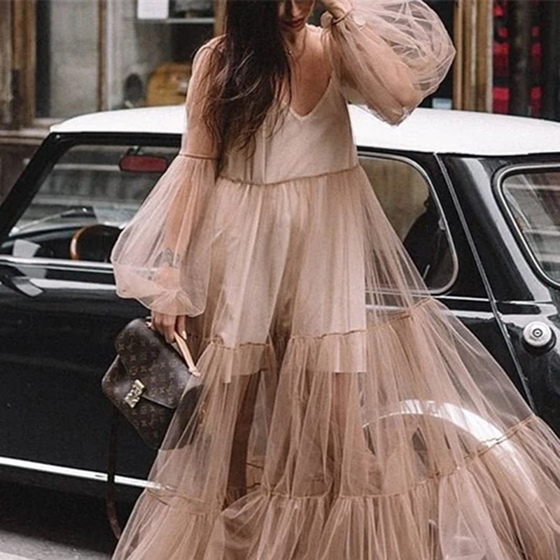 2024 Cross-border Summer New European and American Women's Clothing Amazon V-neck Fashion Puff Sleeve Mesh Perspective Dress Long Dress