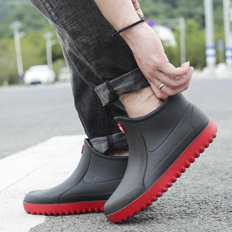 Men's rain boots non-slip waterproof fashion rain boots plus velvet warm rubber shoes kitchen work tube short tube water shoes overshoes