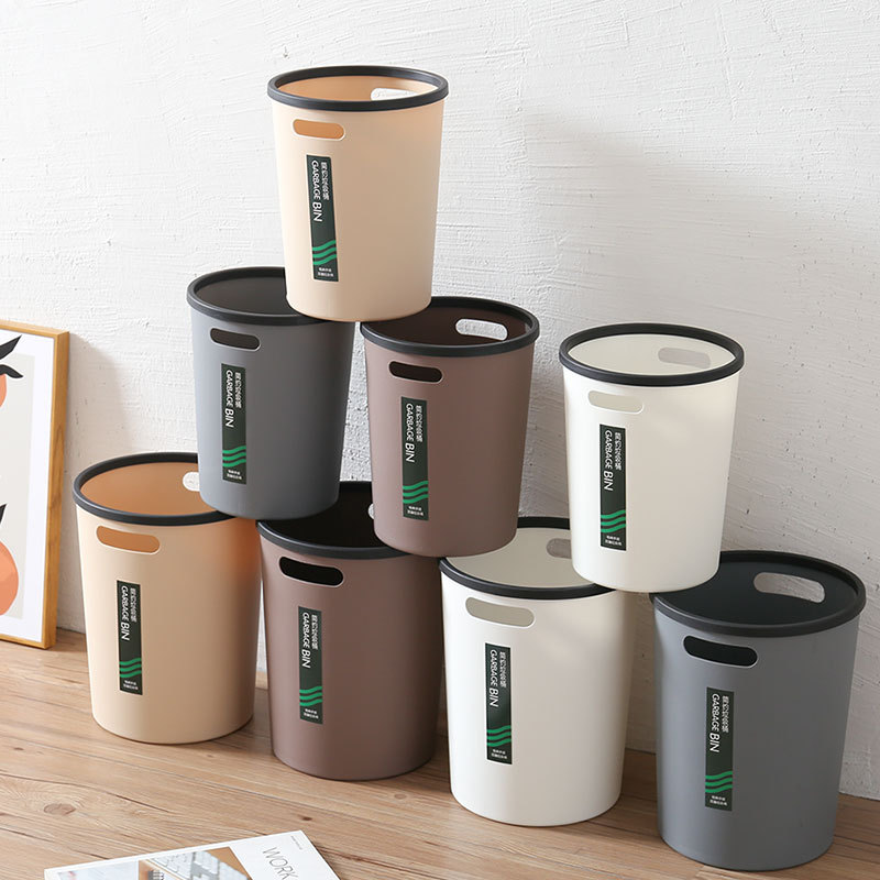 Household plastic trash can round simple thickened large living room kitchen bedroom bathroom without lid pressure ring paper basket