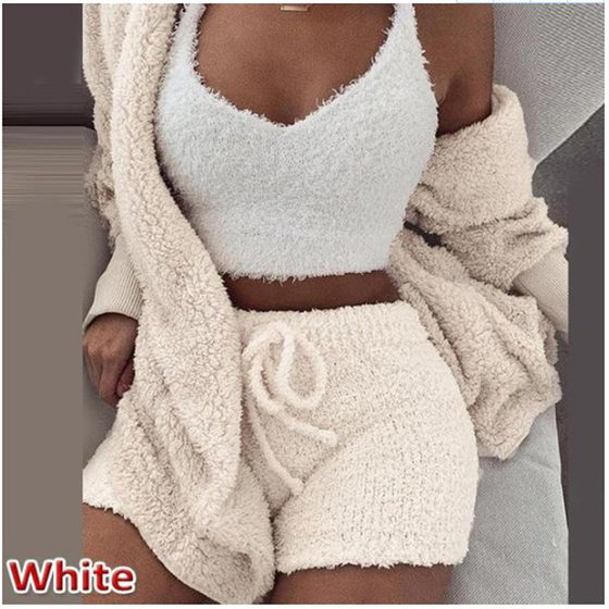 Cross-border Women's European and American Winter Plush Home Clothes Casual 3-piece Pajamas Long-sleeved Shorts Sports Suit for Women