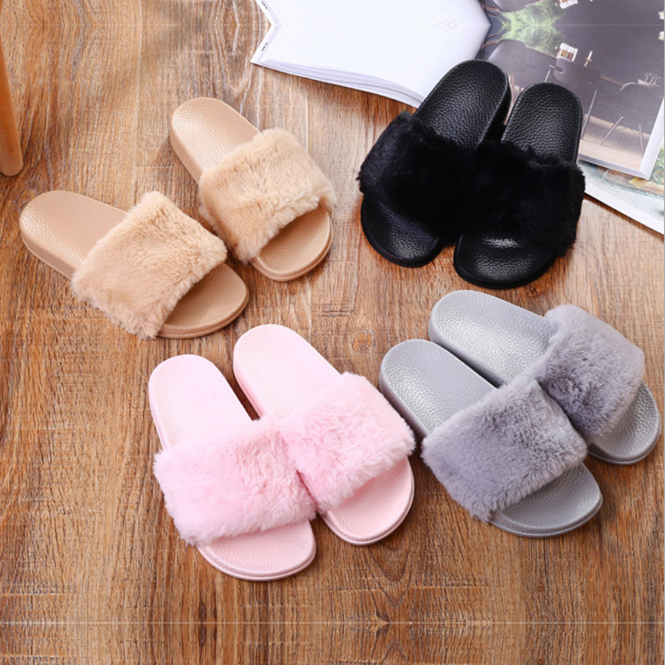2024 new fashion casual autumn and winter plush ladies solid color home one-word flat fluffy slippers wholesale