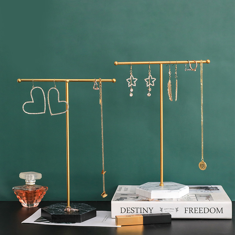 Marble Wooden Bottom Jewelry Rack with Holes T-Shaped Earrings Jewelry Rack Counter Pendant Jewelry Display Rack