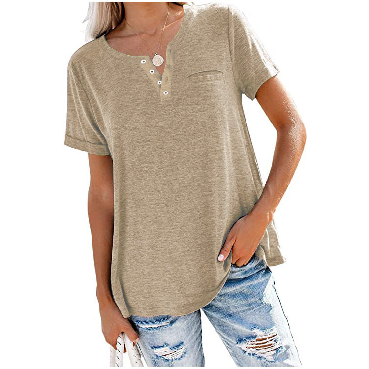 Amazon Independent Station Foreign Trade Europe and the United States Cross-border Spring and Summer New Top V-neck Short Sleeve Pocket Loose T-shirt Women