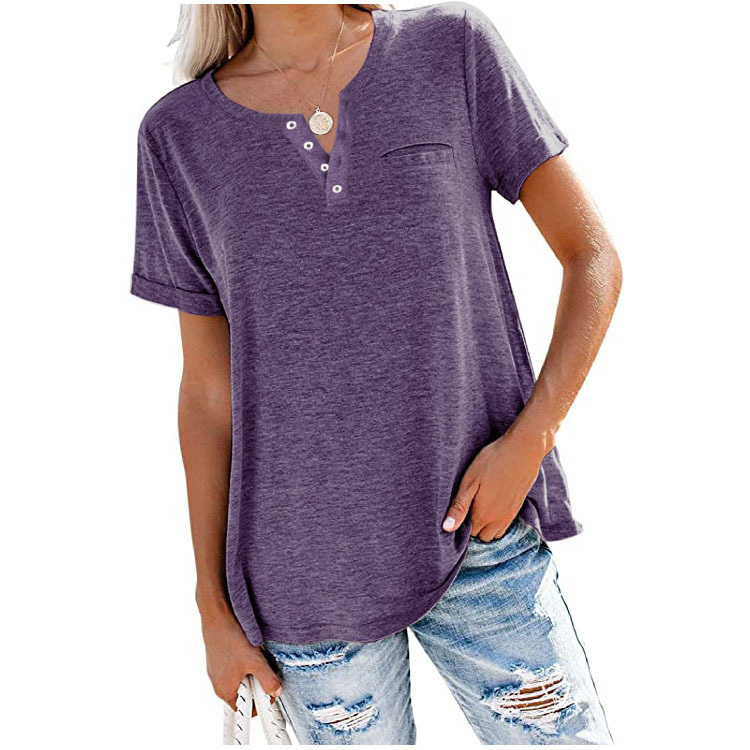 2021 Amazon Independent Station Cross-border Best Selling European and American Spring and Summer New Top V-Neck Short Sleeve Pocket Loose T-Shirt for Women