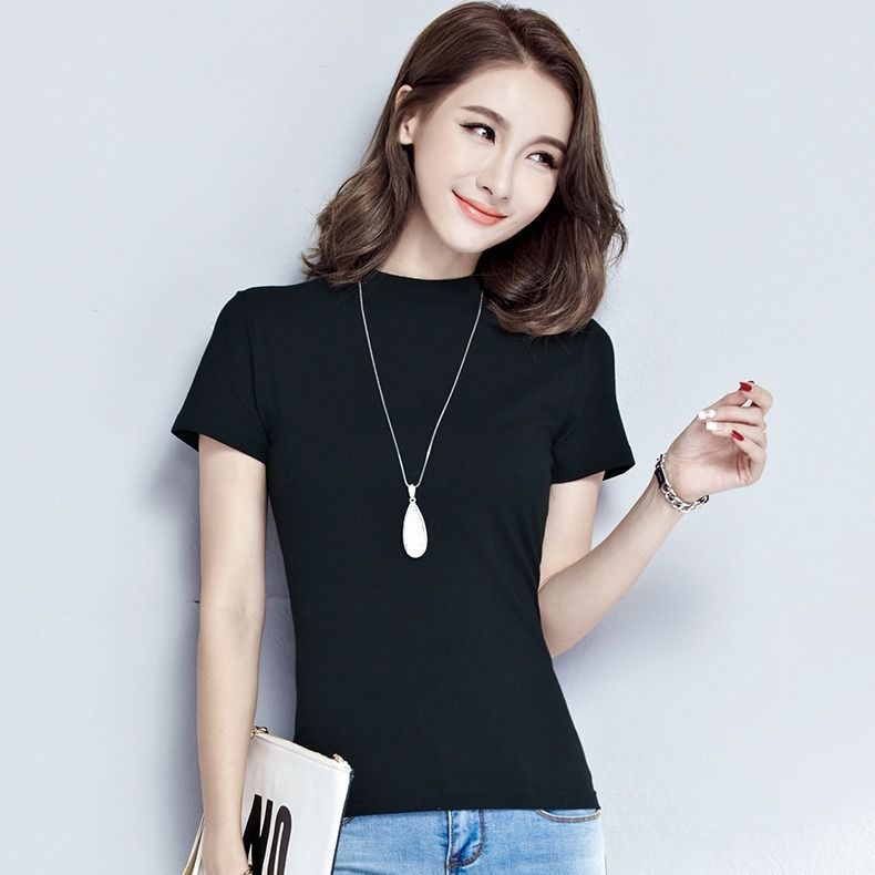 Solid Color Half-high Neck Slim-fit Short-sleeved T-shirt Women's All-match Summer Large Size Simple Black Base Shirt Women's Top Trendy