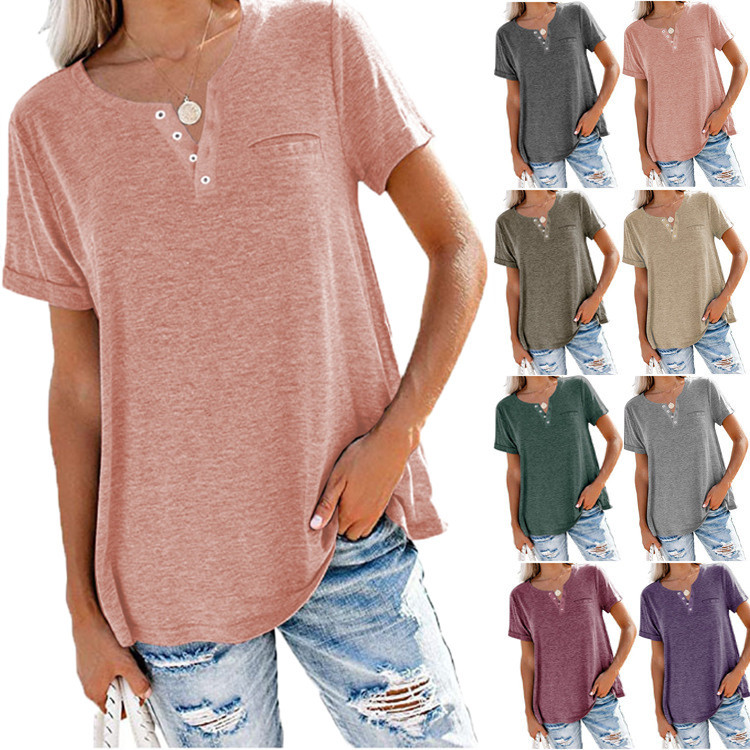 2021 Amazon Independent Station Cross-border Best Selling European and American Spring and Summer New Top V-Neck Short Sleeve Pocket Loose T-Shirt for Women