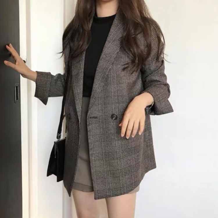 格子のスーツのコートの女性の韓国版はゆったりしています。|undefined
