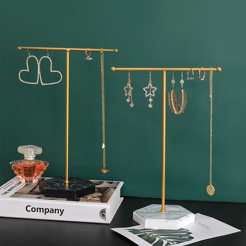 Marble Wooden Bottom Jewelry Rack with Holes T-Shaped Earrings Jewelry Rack Counter Pendant Jewelry Display Rack