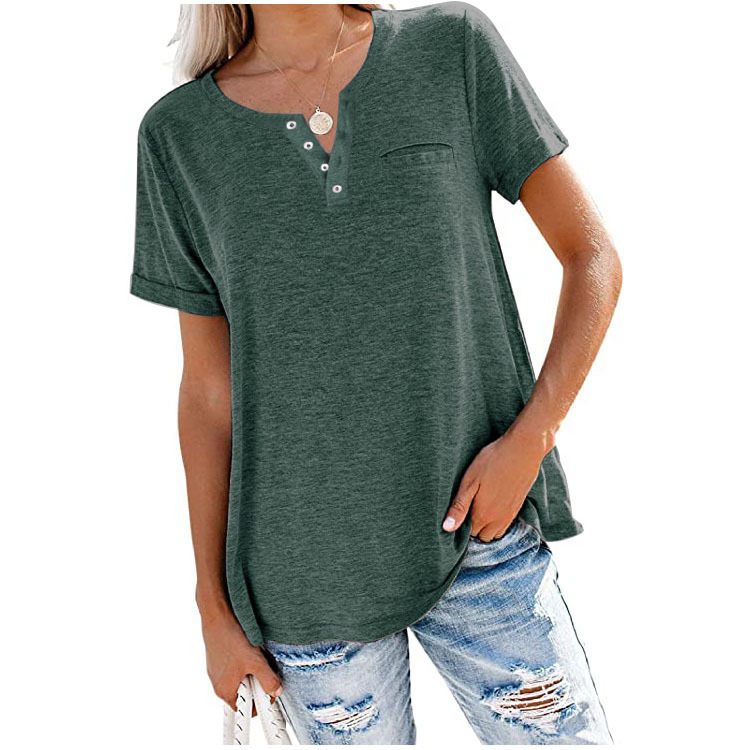 Amazon Independent Station Foreign Trade Europe and the United States Cross-border Spring and Summer New Top V-neck Short Sleeve Pocket Loose T-shirt Women