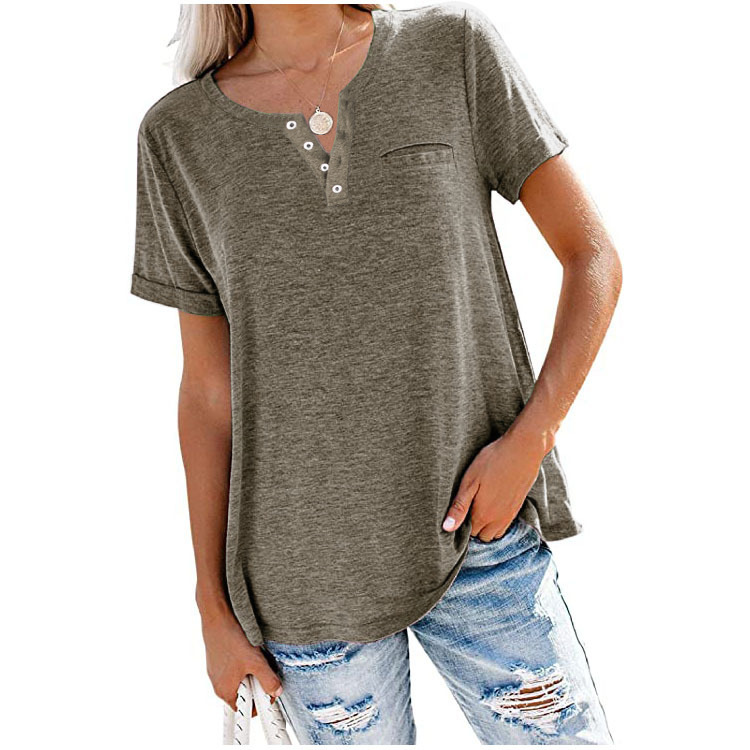 Amazon Independent Station Foreign Trade Europe and the United States Cross-border Spring and Summer New Top V-neck Short Sleeve Pocket Loose T-shirt Women