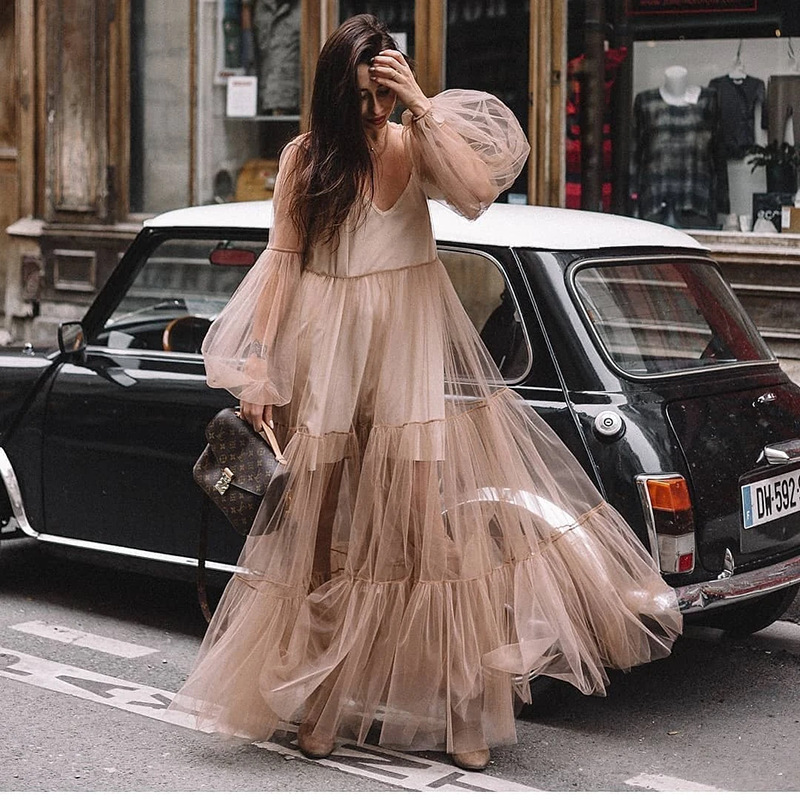2024 Cross-border Summer New European and American Women's Clothing Amazon V-neck Fashion Puff Sleeve Mesh Perspective Dress Long Dress