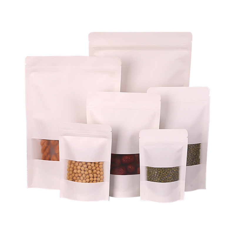 White Kraft Paper Bag Snack Food Packaging Bag Dried Fruit Self-standing Bag Food Paper Bag HD Window Kraft Paper Bag