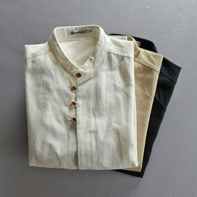 2023 Autumn and Winter New Men's Casual Linen Shirt Chinese Style Stand Collar Independent Station Wish Cotton Linen Shirt