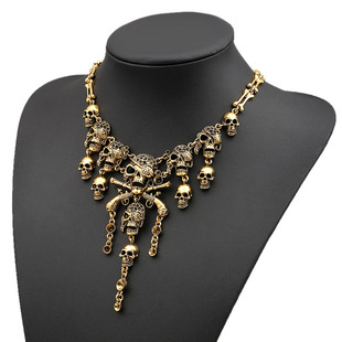 Halloween accessories European and American retro exaggerated multi-layer skull ghost head tassel alloy necklace wholesale women