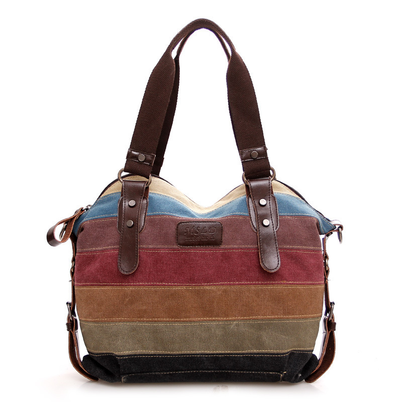 Factory Direct canvas bag European and American fashion rainbow striped canvas bag fashion stitching women's bag washed cloth bag