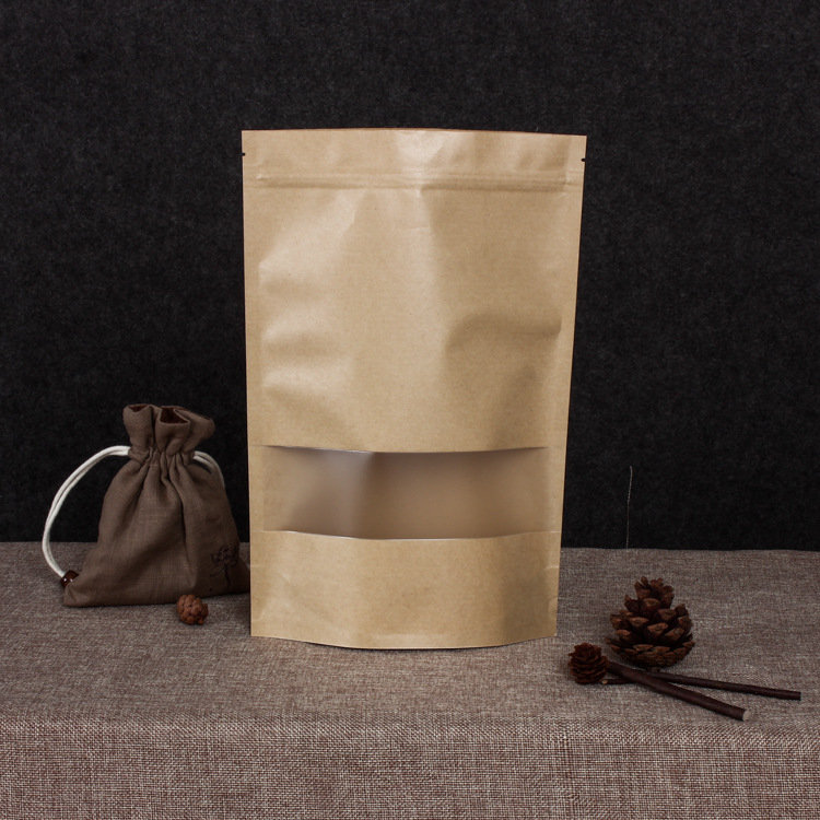 Kraft Paper Self-supporting Self-sealing Bag Window Thickened Kraft Paper Bag Nut Tea Food Packaging Bag Dried Fruit Sealed Bag