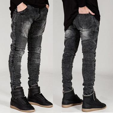 Cross-border foreign trade BIKER JEANS fashion brand motorcycle pants ebay pleated slim fit skinny stretch European and American JEANS