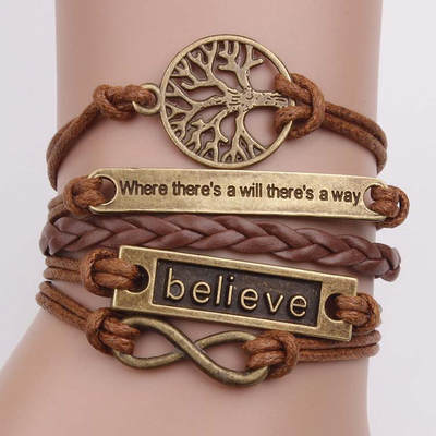 Sweet Cool Street Style Bronze Life Tree Woven Leather Bracelet believe English Letter Bracelet Cross-border Supply