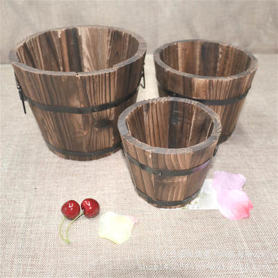 Solid Wood Carbonized Wood Fleshy Flower Pot Balcony Vegetable Anticorrosive Wooden Flower Pot Home Decoration Vintage Wooden Small Barrel