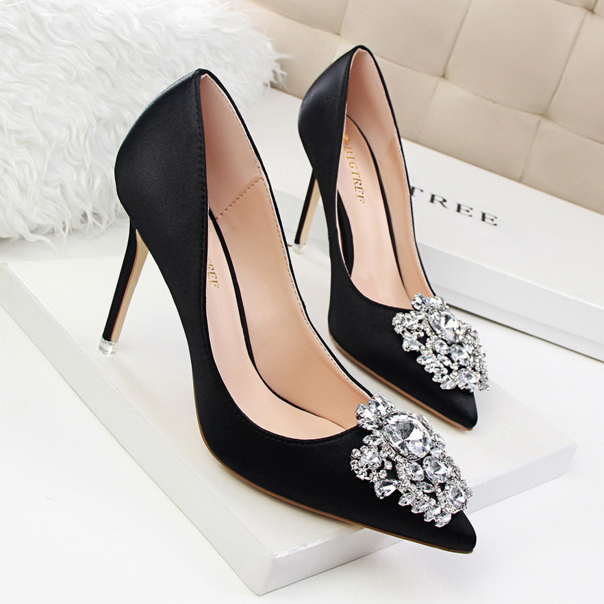 516-5 Korean version of rhinestone women's shoes thin heel high heel sexy thin shallow mouth pointed shiny rhinestone buckle shoes