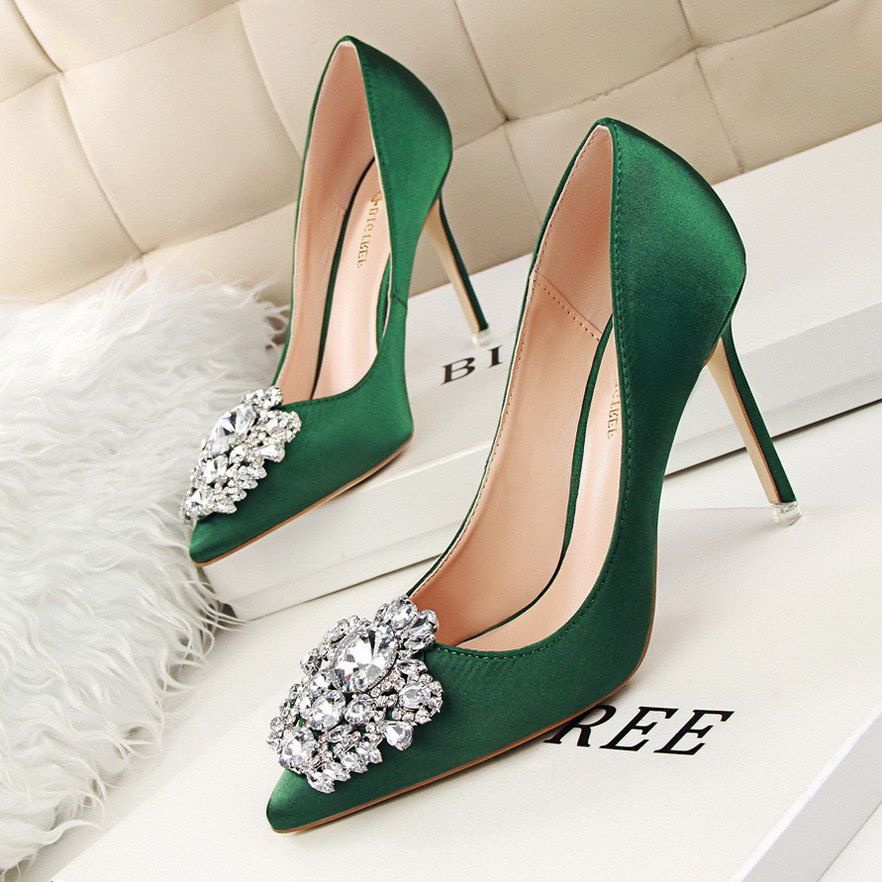 516-5 Korean version of rhinestone women's shoes thin heel high heel sexy thin shallow mouth pointed shiny rhinestone buckle shoes