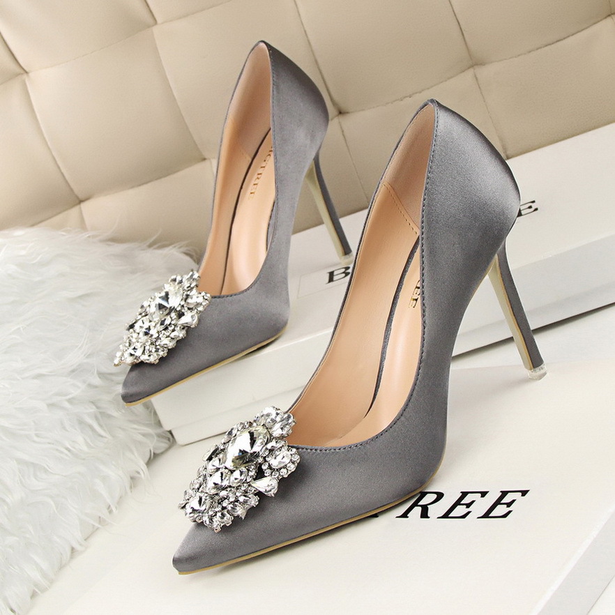 516-5 Korean version of rhinestone women's shoes thin heel high heel sexy thin shallow mouth pointed shiny rhinestone buckle shoes