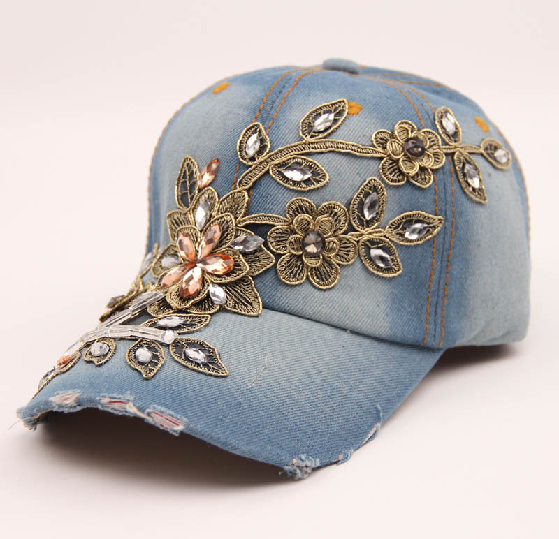 手工镶钻金丝花装饰造型牛仔棒球帽子欧美潮女夏天遮阳休闲帽