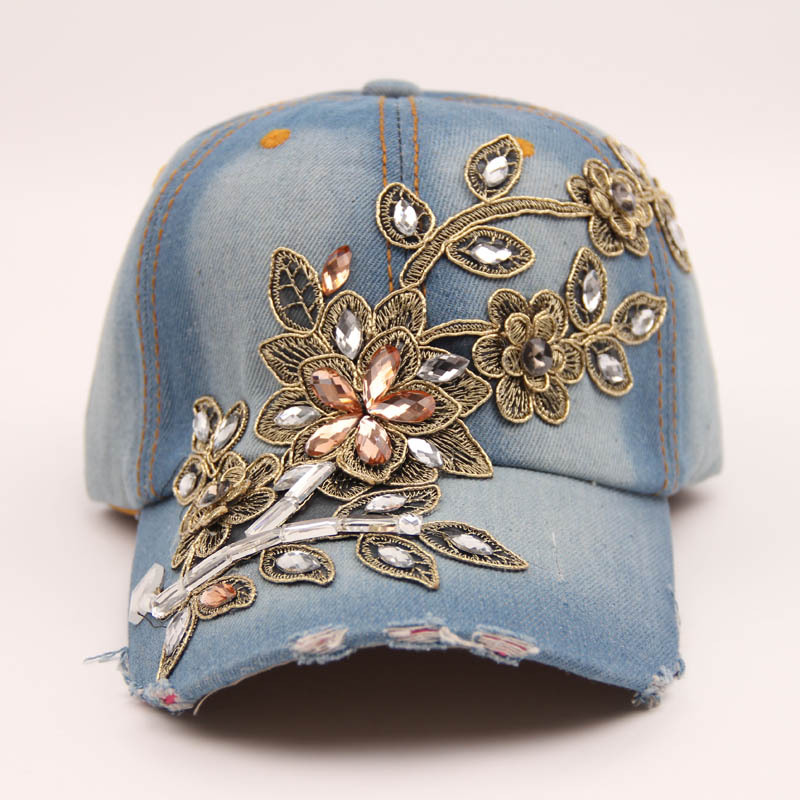 手工镶钻金丝花装饰造型牛仔棒球帽子欧美潮女夏天遮阳休闲帽